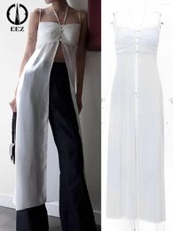 Casual Dresses Korean Fashion Sheer White Split Slip Crop Tops Women Ruched Spaghetti Strap Long Dress Sexy Top Summer V Neck Sundresses