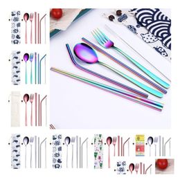 Flatware Sets 7 Pieces Portable Dinnerware St Set Korean Cutlery Stainless Steel Tableware Kitchen Tools With Cloth Bag Drop Deliver Dhekf