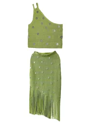 S * andro23 Spring/Summer New One Shoulder Design Short Strap Tassel Solid Knitted Half Skirt Set