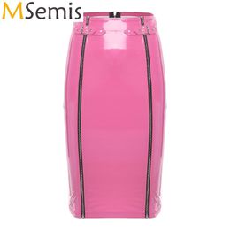 Skirts Sexy Womens High Waist Bodycon Skirt with Adjustable Buckles Knee Length Zipper Closure Latex Clubwear 230707