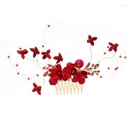 Hair Clips Bridal Wear Faux Rhinestone Flower Insert Comb Hand-Made Beaded Wedding Accessories Decoration Red Headdress TEN