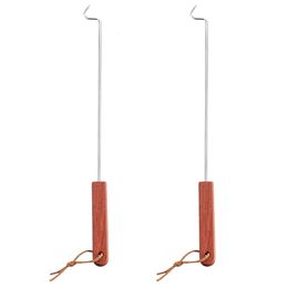 BBQ Grills 2 Pcs Lamb Chop Fork Wooden Handle Meat Turner Hook Grilling Stainless Steel Hooks Flippers Practical Roasting Sticks Metal 230706