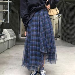 Skirts 2023 Cekcya Korean Stylish Maxi Skirt For Young Ladies Elegant Women Plaid High Waist Irregular Tulle Female Steetwear