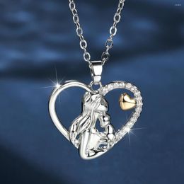 Pendant Necklaces Hollow Big Heart MOM Love Baby For Women Silver Colour Inlay White Zircon MAMA Necklace Birthday Jewellery Gifts