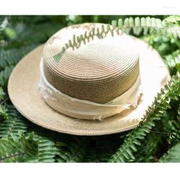 Wide Brim Hats Women Summer UV CUT Flat Top Sun Hat Hair Band Cap White Ribbon Nature Seaside Vacation Sunscreen Beach