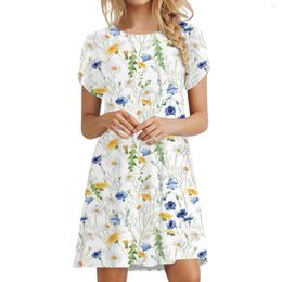 Casual Dresses Women Summer Dress Boho Beach Swing Sundress Short Sleeve Floral Print Crew Neck Loose With Two Pockets Daily Party