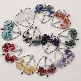 100pcs Natural Wire Wrap Tree of Life Healing Chip Stone Crystal Heart Pendant 7 Chakra Stone Pendant Crystal Necklace Women Men Jewellery