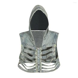 Men's Vests Hollow Out Hooded Denim Man Washed Loose Short Length Single Breasted Sleevelesses Casual Coats Summer