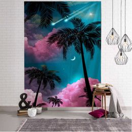 Tapestries Coconut Tree Landscape Art Tapestry Colourful Sun Moon Starry Sunset Wall Hanging Decoration Room