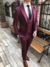 Men's Suits Custom Made Men Burgundy Groom Tuxedos Notch Lapel Groomsmen Wedding Man 3 Pieces ( Jacket Pants Vest Tie ) C920