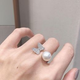 Cluster Rings Fashion 925 Sterling Silver Pearl Ring For Women Butterfly Pave Simulated Diamond Finger Jewelry Girl Gift Wholesale