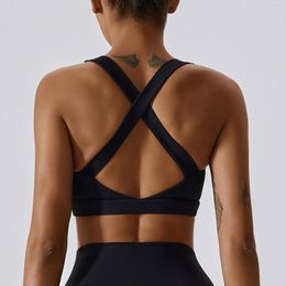 Yoga Outfit Women Stretchy Supportive Quick Dry Push Up Compression Running Bra Sexy Solid Color Back Cross Outdoor Sports Gym