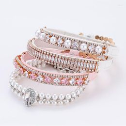 Dog Collars Pet Cat Pearl With Crystal Rhinestone Necklace Adjustable PU Leather Neck Strap For Small Dogs Animals