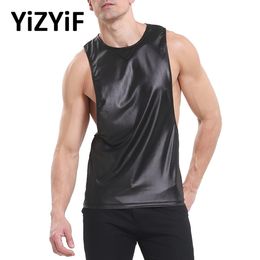 Men's Tank Tops Men Sexy Sleeveless Faux Leather Vest Gym Tank Top Fashion Cut Out Pullover T-shirt Tops Elastic Clubwear Dance Party Costume 230706