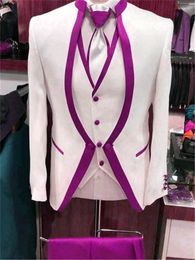 Men's Suits Arrival Men Ivory And Purple Groom Tuxedos Mandarin Lapel Groomsmen 3 Pieces Set ( Jacket Pants Vest Tie) D382