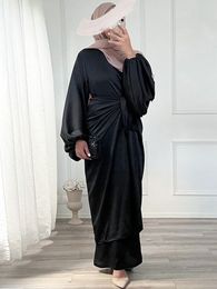 Ethnic Clothing 2 Piece Abaya Dress for Women Islamic Long Dresses with Wrap Skirt Dubai Turkish Modesty Matching Outfit Muslim Set Ramadan Eid 230707