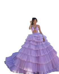 Exquisite Lavender Tulle Tiered Ruffle Evening Dresses Sexy Deep V Neck Beaded Sleeveless Formal Prom Party Gowns Robe De Soiree