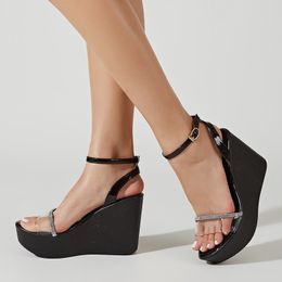 Liyke Fashion Buckle Strap Platform Sandals Women Crystal PVC Transparent Open Toe Wedge High Heels Party Shoes Black Apricot
