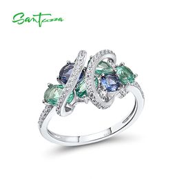 Wedding Rings SANTUZZA 925 Sterling Silver Rings For Women Green Blue Spinel White CZ Gemstone Original anillos Wedding Gifts Fine Jewelry 230706