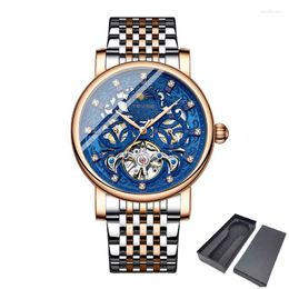 Wristwatches Mens Rose Gold Tourbillon Automatic Watches Skeleton Mechanical Wristwatch For Men Business W/ Diamond Relogio Masculino