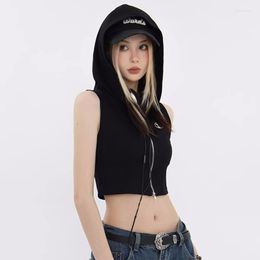 Women's Tanks STSVZORR Y2K High Street Hooded Short Sleeveless Top Tank Summer Cool Fashion Zipper T-shirt