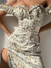 Casual Dresses Y2K Summer Floral Off Shoulder Puff Sleeve Maxi Dress For Woman Robe Sexy Lace Up Side Split Chic Mid-Calf Aesthetic