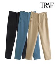 Womens Pants Capris TRAF Women Chic Fashion With Seam Detail Office Wear Vintage High Waist Zipper Fly Female Ankle Trousers Mujer 230707