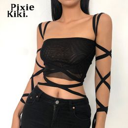 Women's Tanks Camis PixieKiki Black Mesh Lace Up Bandage Crop Top Fairy Grunge Aesthetic Clothes Cyber Y2k Mall Goth Tanks Sexy Clothing P94-BZ14 230706