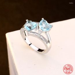 Cluster Rings 925 Sterling Silver Charm Heart Aquamarine Ring For Women Fashion Wedding Jewellery Party Gift