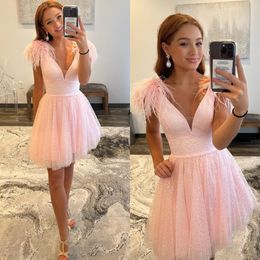 Cute Pink Cocktail Dress Spaghetti Feathers V Neck Short prom dresses Beads Glitter mini party homecoming Special Occasion dress