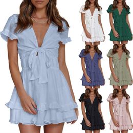 Ethnic Clothing Women's Loose Fitted Ribbed Knitted Flanged Casual V Neck Solid Color Closed Waist Sundress Comfy Dress