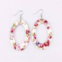 Dangle Earrings Leather Drop For Women Floral Printed Hollow Oval Jewelry Girl Gift
