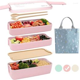 Dinnerware Sets 3 Layer Wheat Straw Lunch Box With Bag Japanese Microwave Bento Fork Spoon Container For Kids Student Office Staff