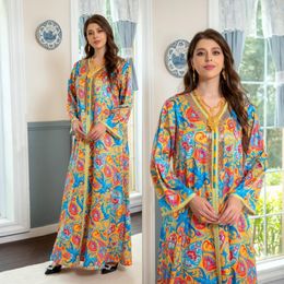 Ethnic Clothing Muslim Women Floral Party Dresses Long Sleeve Abayas Casual Robe Moroccan Turkey Caftan Female Vestidos Ramadan Dress