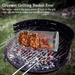 BBQ Grills Basket Stainless Steel Rolling Grilling Wire Mesh Cylinder Grill Portable Round Outdoor Camping Barbecue Rack dsfrw230706