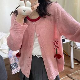 Women's Knits 2023 Spring Pink Knitted Top Embroidered Flower Design Sweater Cardigan