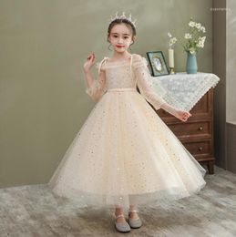 Girl Dresses Champagne Tulle Sequin Flower Wedding Gown Off Shoulder Kids Evening Party Dress Long Prom Princess Formal Birthday