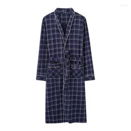 Men's Sleepwear Pure Cotton Long Bath Robe Spring Autumn Plaid Bathrobe Men Kimono Robes For Male Full Bride Dressing Gown M-4XL