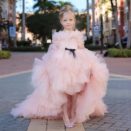Lovely Pink High Low Girls Pageant Dresses O Neck Ruffles Tiere Kids Prom Party Gown Black Bow Tie Belt Layered Kids Celebrity Dress