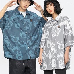 Women's Blouses 3 Colours Dark Punk Style Goth Face Graffiti Anime Button Up Shirt Streetwear Men Women Oversized Tops Cool Summer Beach