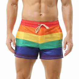 Underpants CLEVER-MENMODE Men Underwear Sexy Rainbow Boxer Shorts Trunks Mesh Bottoms See Through Boxershort Drawstring Pocket