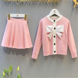 High Quality Kids Clothing Sets Autumn Winter Girls Bow Open Stitch Sweater Coat+Knitted Skirt 2 Pieces Suit Outfits Children Girls Clothes