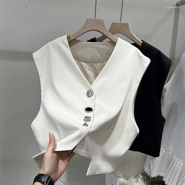 Women's Vests 2023 Women Elegant White Streetwear Sleeveless Short Vest Female Vintage Slim V-Neck Single Breasted Casual Waistcoat Q193