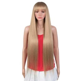 Synthetic Wigs 38 Inch Bangs Long Straight Synthetic Wigs for Women Ombre Brown Wine Red Heat Resistant Cosplay 230227