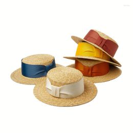 Wide Brim Hats X267 Bow Flat Straw Hat Outdoor Travel Sunscreen Shade Wheat Panama Adult Jazz Caps Beach Sun