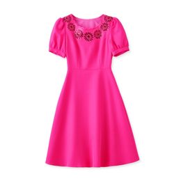 2023 Summer Red Solid Color Dress Short Sleeve Round Neck Sequins Knee-Length Casual Dresses W3L049809
