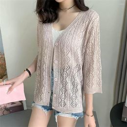 Women's Knits Women Hollow Out 3/4 Sleeve Sunscreen Thin Cardigan Top Oversize Loose Casual Knitwear Jacket Summer Ice Slik Knit Coats