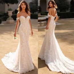 Elegant Full Lace Boho Beach Mermaid Wedding Dress Sexy Backless Off Shoulder Bridal Wedding Gowns Vestido de noiva Newest251T