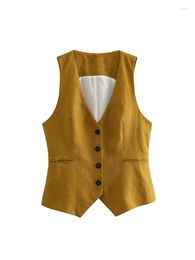 Women's Tanks 2023 Spring Leisure Fashion Unique Collarless Sleeveless Single Breasted Slim Fit Linen Customized Tank Top