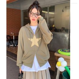 Women's Hoodies Star Print Hoodie Grey Retro Up Long Sleeve Loose Jacket Coats Harajuku Casual Hooded Sweatshirt Y2K Streetwear 2023